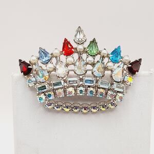 Vintage B. David Crown Brooch, Multi-Color Rhinestones, Rhodium Plate, 2"
